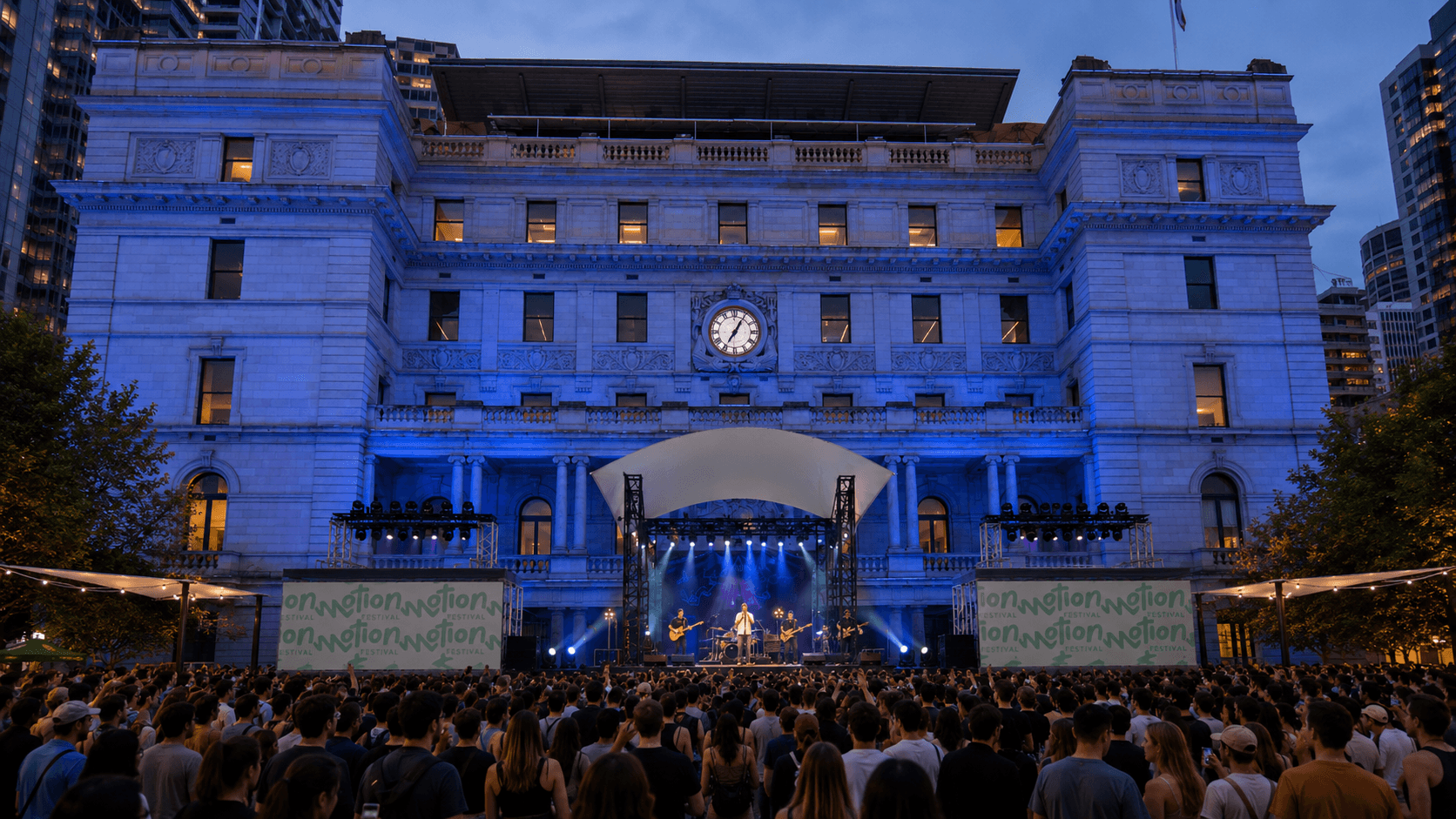Crowd watching the Motion Festival stage outside Customs House at night