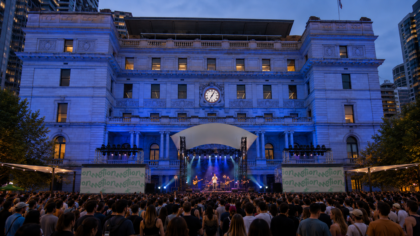 Crowd watching the Motion Festival stage outside Customs House at night